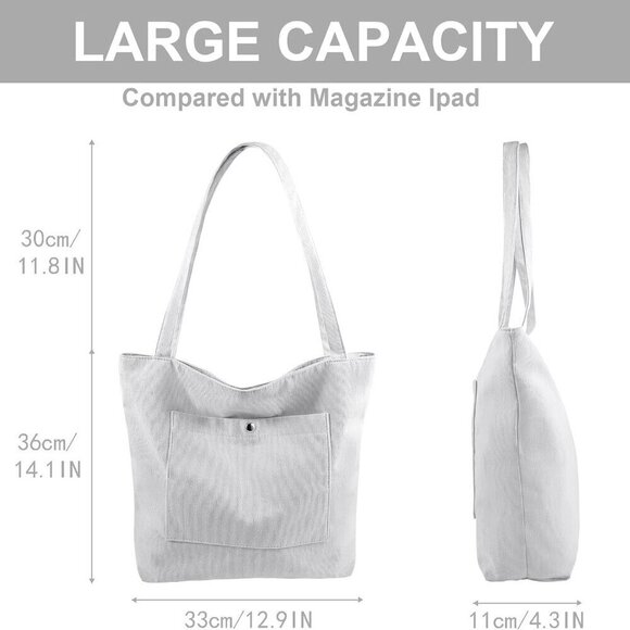 Corduroy Tote Bag Women Large Shoulder Bag with Zipper Pockets for Work Travel - Picture 2 of 7